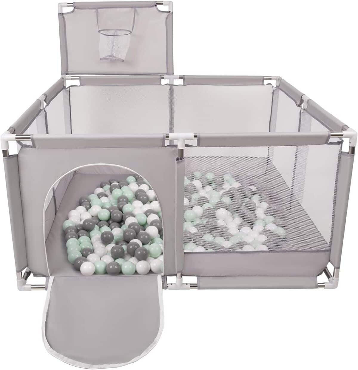 Avis Selonis : parc bébé pliable avec balles - Basket Gris, blanc et Menthe