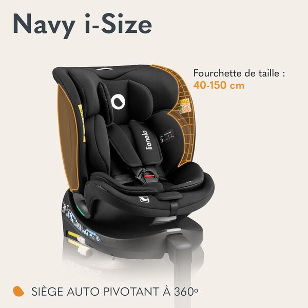 LIONELO NAVY i-Size 360o Siège auto pivotant pour enfants 40–150 cm, groupe 0+1 2 3, installation ISOFIX à l’avant et à l’arrière et support stabilisateur, Dri-Seat (Onyx)