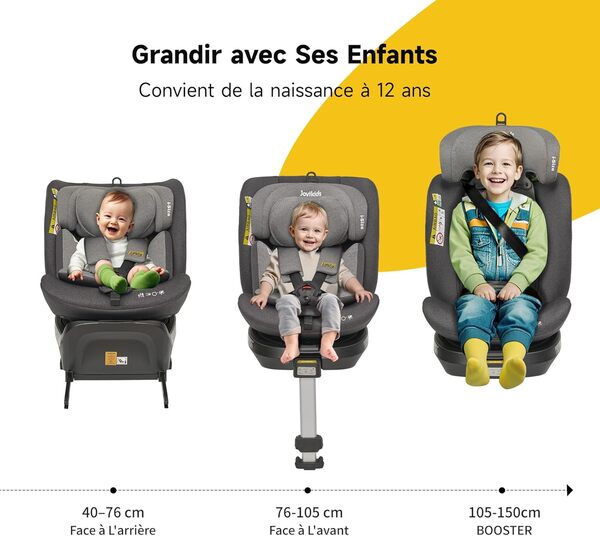 Jovikids Siege Auto, i-Size 40-150 cm, 360° Pivotant ISOFIX pour Groupe 0/1/2/3, Bébé de 0-12 ans, 0 à 36 kg Environ, ECE R129, 12 Positions d'Appui-tête, RWF, FWF Inclinaison, Siège Auto （Noir）