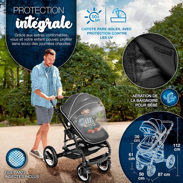 KIDUKU® Poussette Combinée 3 en 1 | Trio pour Enfants | Siége Auto Légère, Piable | Nacelle Souple Convertible | Set de Voyage (Noir)