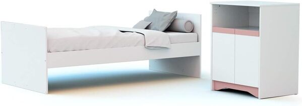 AT4 - Lit Combiné Evolutif COTILLON Blanc et Rose| 60 x 120 cm |Meuble avec plan à langer inclus | Sommier réglable 2 hauteurs | Evolutif en lit junior 90x190 cm
