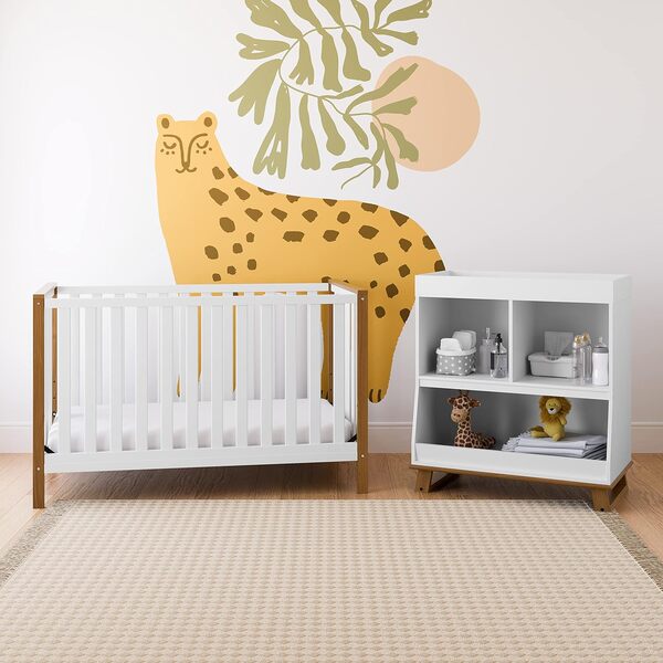 Storkcraft Modern Pacific Berceau convertible 5 en 1 (blanc avec bois flotté vintage) - Certifié GREENGUARD Gold, convertit du berceau bébé en lit d'enfant et lit complet, base de support de matelas