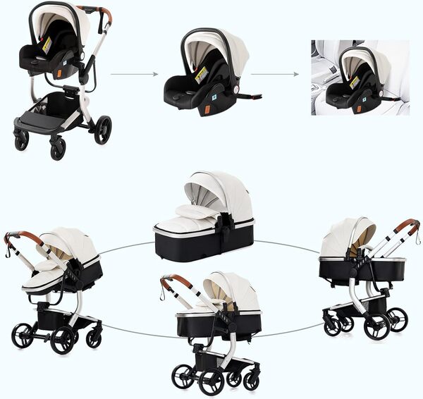 3 en 1 Poussette Combinée Poussette Canne Poussette Citadine Landau Poussette Système de Voyage pour Bébé Poussette Paysage Haute pour Bébé Inclinable Pliable Poussette Standard (518 White)