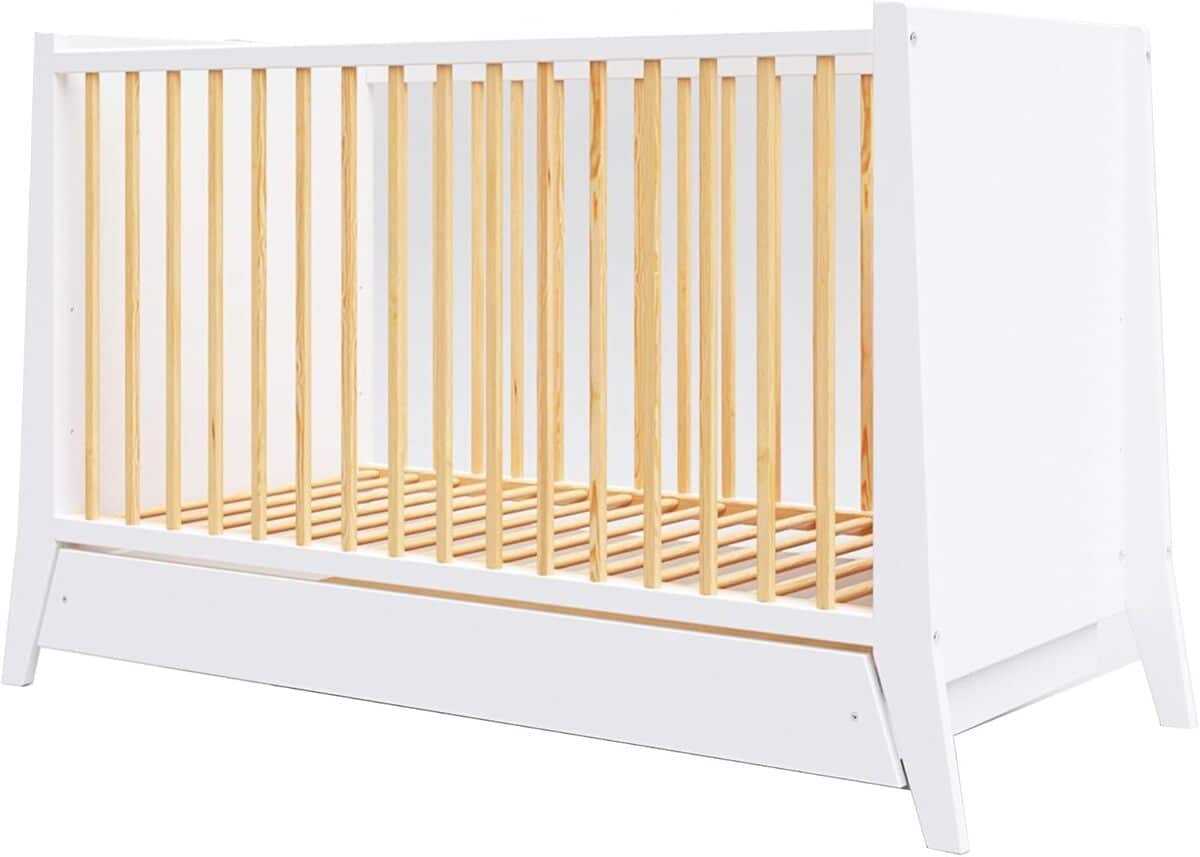 Test du lit bébé évolutif Premiers Moments ZOÉ avec tiroir et barrière de sécurité