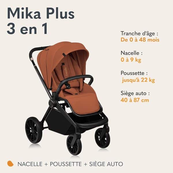LIONELO MIKA PLUS 3 en 1 Poussette 0 à 48 mois jusqu'à 22 kg Nacelle jusqu'à 9 kg, Siège Auto Nacelle, Réglage du Dossier, Amortisseurs, Roues 360° en PU Auvent XXL (Brown)