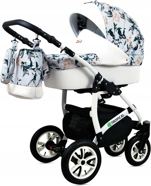 BabyLux® Enfant Poussette Combinée Set 3 en 1 - Tropical - incl. Nacelle, Canne, Siège de voiture - Siège Auto - Landau Bébé - avec Sac à langer, Habillage pluie, Moustiquaire etc.