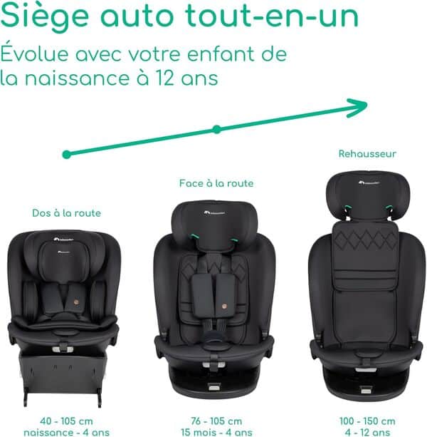 Bebeconfort RevolveFix 360 i-Size, Siège Auto Pivotant 360, 0-12 Ans, 40-150 cm, Siège Auto ISOFIX, Top Tether, Rotation 360, 6 Positions Inclinaison, 12 Positions Appui-tête, Full Black