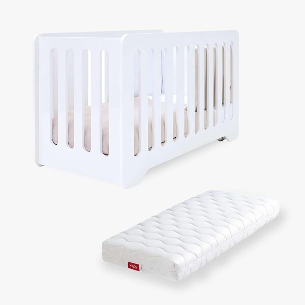 Alondra Lit bébé en Bois Blanc 120 x 60 cm + Matelas, avec roulettes, Hauteur réglable, Utilisation de 0 à 3 Ans (avec Matelas)