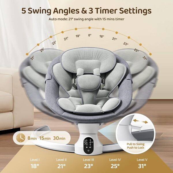 Ixdregan Transat Bébé Electrique, APP et Télécommande Balancelle Bébé Dès La Naissance à 9kg, Harnais à 5-Points Amélioré Balançoire pour Baby avec 3 minuteries, 5 Vitesses et 10 Mélodies (Gris)