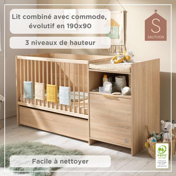 Sauthon Lit bébé combiné évolutif 60x120 cm | Lit bébé à barreaux et Commode à Langer, Porte en chêne dorée | Évolutif en lit 90x190 cm | Fabriqué en France