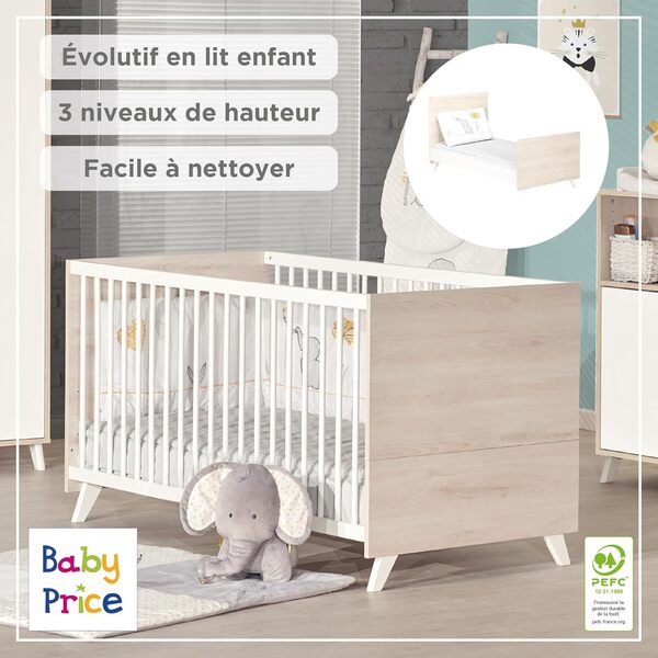 BABY PRICE Lit bébé 70x140 cm | Lit pour bébé à barreaux réglable en Hauteur en 3 Positions | Collection Scandi Naturel | Évolutif en lit Enfant | Fabriqué en France | Babyprice par Sauthon