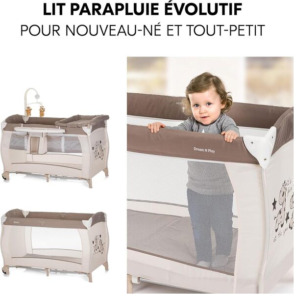 hauck Lit Parapluie avec Table à Langer Babycenter Zoo - avec 2 Niveaux pour Nouveau-né, Mobile Musical, Rangements, roulettes et Sac de Transport
