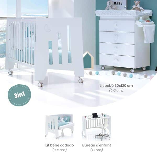 Alondra Lit Bebe evolutif - lit cododo Transformable en lit bébé et Bureau - lit pour Enfant en Couleur Blanc avec kit cododo et roulettes. OMNIK10