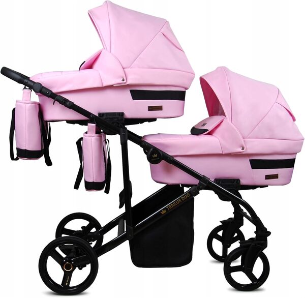 BabyLux® Enfant Poussette pour jumeaux Combinée Set 2 en 1 - Duo | Light Pink - incl. Nacelle, Canne - Landau Bébé - avec Accessoires - Sac à langer, Habillage pluie, Moustiquaire, Porte-gobelet etc.
