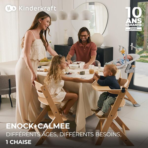 Kinderkraft ENOCK Chaise Haute Bébé + Transat CALMEE, en Bois Naturel, Chaise d'alimentation, Évolutive, Réglable, Puericulture Bébé, Très Solide, Design Universe