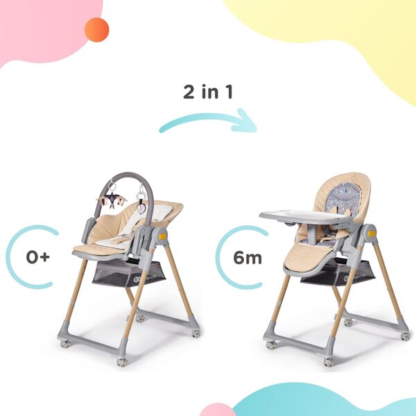 Kinderkraft LASTREE Chaise haute bébé evolutive de la naissance 2 en 1, Transat bébé avec Arche 2 jouets, Pliable, Position allongée, Réglable, Beige
