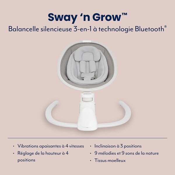 Graco Sway ‘n Grow, balancelle silencieuse 3-en-1 à technologie Bluetooth, convient dès l'âge de la naissance à environ 4 ans (max. 18 kg), gris, Heather