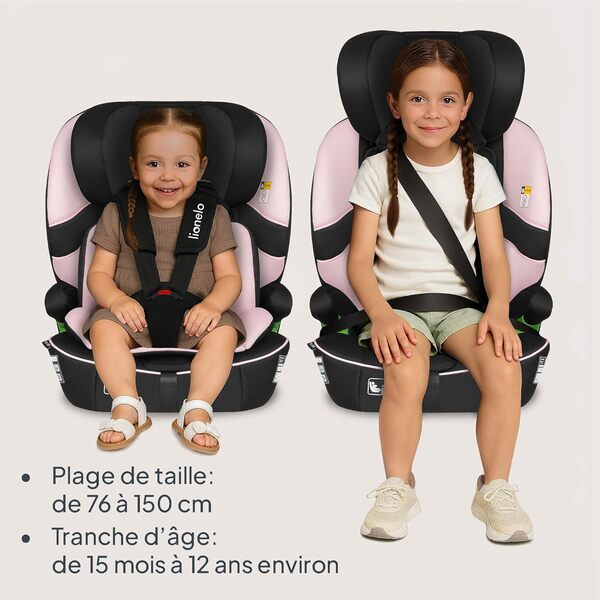 LIONELO LO-BILLY I-SIZE Siège Auto Bébé, 76 à 150 cm De 15 mois à 12 ans environ, Installation ISOFIX ou Ceinture de Voiture, Appui-Tête Réglable, Protection Latérale Norme R129 (Pink)