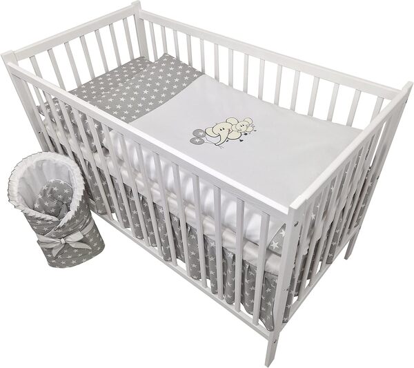 13 pièces lit bébé lit d'enfant et literie Set Complet Happy Leo INCL. Matelas réglable en Hauteur pour Nouveau-nés bébés et Bambins en Bois Massif (éléphant - Gris)