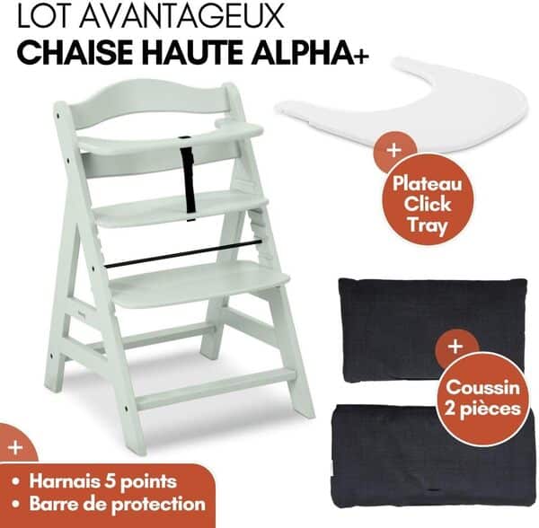 hauck Chaise Haute Bébé Evolutive Bois Alpha+, dès 6 Mois, Inclus Plateau Repas Bebe Click Tray, Coussin Assise et Harnais 5 Points – Siège Enfant Ergonomique Réglable - Menthe