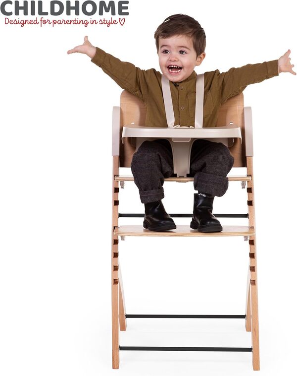 CHILDHOME, Chaise Haute Bebe Evolutive : De 0 mois à 85KG, Tablette Incluse, Bois de Hêtre, Arceau, Sécuritaire Harnais 5 points, Vis Invisibles, Evosit Naturel Beige