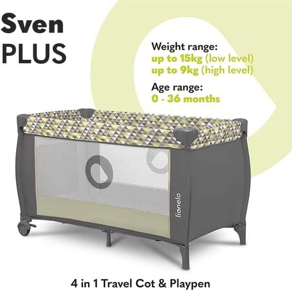 lionelo Sven Plus Lit de Voyage 2 en 1 et Parc Portable pour Nouveau-nés de 0 à 36 Mois Pliable avec 2 hauteurs de Hauteur, Table à Langer, Matelas, entrée latérale, parois en Maille, moustiquaire,