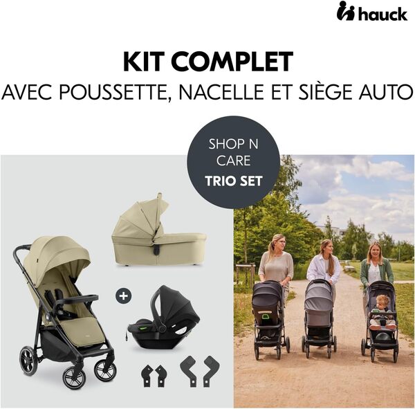 hauck Poussette 3 en 1 Shop N Care Trio Set, Nacelle Bébé, Siege Auto Bebe, dès la Naissance à 22 kg, Pliage Compact, Inclinable, Porte-Gobelet, Tablette, Protection UV 50+ - Vert Olive