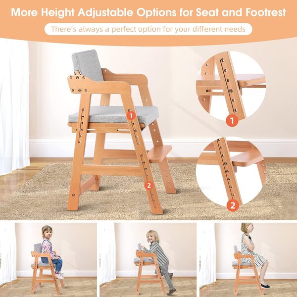 Ezebaby Chaise Haute en Bois, 6 Hauteurs Réglables Stable Chaise Supporte 90KG pour Bébés, Enfants et Adultes bois de hêtre (Couleur du Bois)