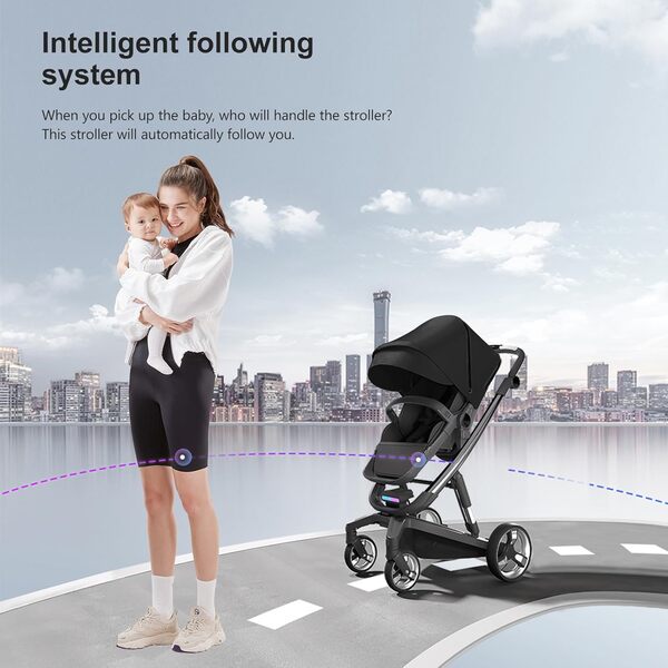 Électrique Intelligent Bébé Poussette 0 a 3 Ans, Landau de Voyage avec Deux Modes de Poussée Réversibles, Cadre en Aluminium de Chariot de Buggy Nouveau-Né, Pliage en Un Clic (WL8 Black)