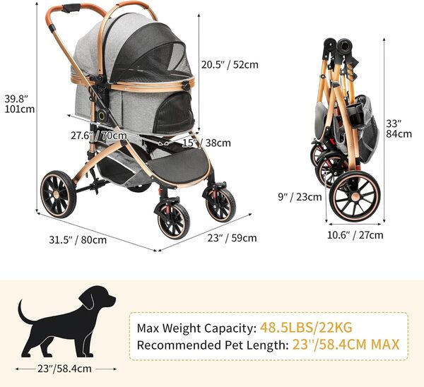 DWVO 3 in 1 Dog Stroller for Dogs up to 22 kg, Foldable Foldable with Mesh Window, Cup Holder, 360° Wear-Resistant EVA Wheels, for Small Dogs and Cats, Grey