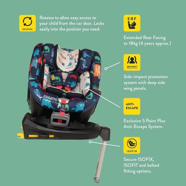 Cosatto Come & Go Siège auto rotatif à 360° – 0-4 ans (0-105 cm), iSize, ISOFIX, protection contre les chocs latéraux, anti-fuite, dos arrière étendu, base incluse (joli flamant rose)