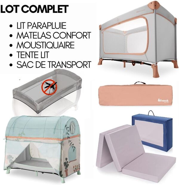 hauck Lit Parapluie Bebe avec Matelas Dream N Play Plus, Pack XXL avec Tente de Lit, Moustiquaire – Accès Latéral et Sac de Transport - Dusty Cork