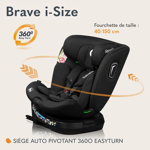 LIONELO BRAVE i-Size Siège Auto Pivotant à 360o pour Enfants de 40 à 150 cm, Orienté Face et Dos à la Route, ISOFIX TopTether, Réglage de l'Appui-tête et du Dossier, Protection Latérale (Black)