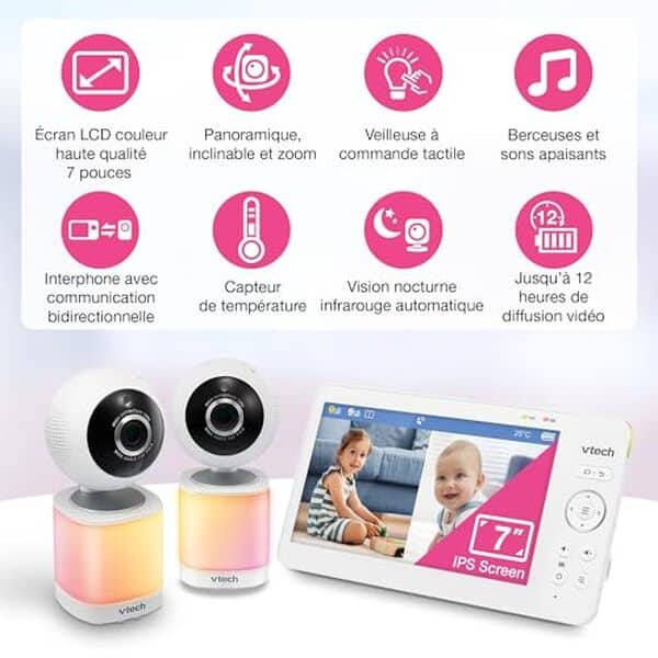 Découvrez le moniteur vidéo VTech VM7468-2 : double caméra, écran haute définition, performance exceptionnelle pour surveiller bébé en toute tranquillité