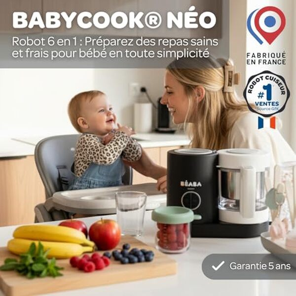 Découvrez les fonctionnalités du Béaba Babycook Néo noir, un robot mixeur-cuiseur 6 en 1 idéal pour préparer des repas sains et savoureux pour bébé.