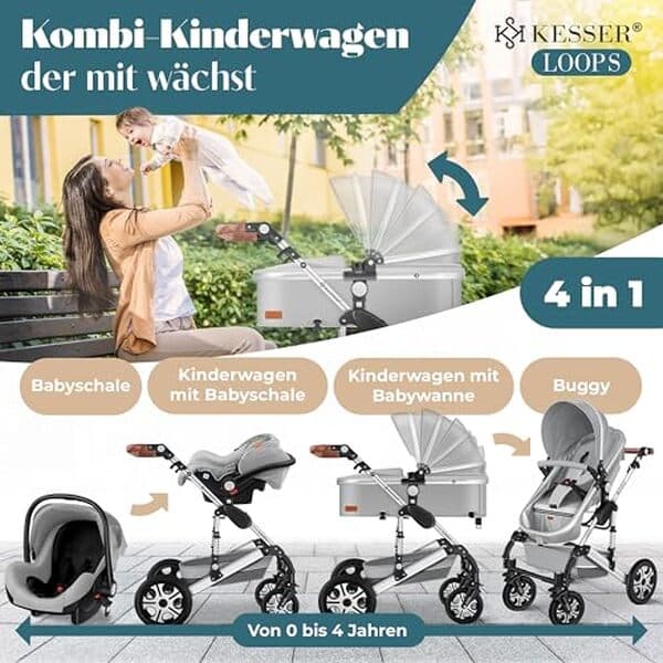 Découvrez le confort et la praticité de l'ensemble poussette 4 en 1 KESSER : idéal pour les sorties avec bébé offrant modularité et sécurité en déplacement