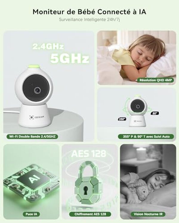 Découvrez la caméra CocoCam 2K IA pour bébé : ses performances exceptionnelles et son niveau de sécurité avancé garantissent une surveillance optimale et rassurante de votre enfant.