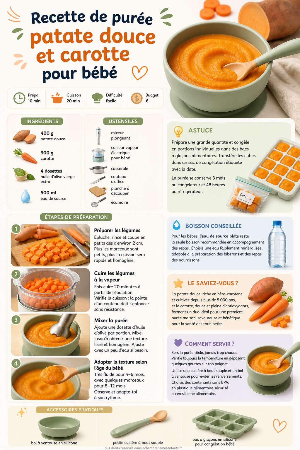 Fiche recette Recette de purée patate douce et carotte pour bébé Fiche recette Recette de purée patate douce et carotte pour bébé